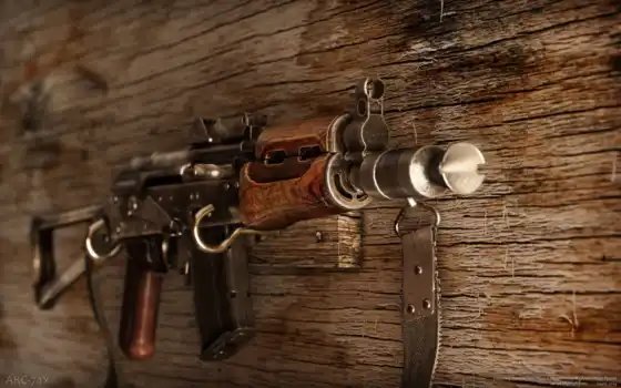 оружие, автомат, АК-74, стена, деревянный