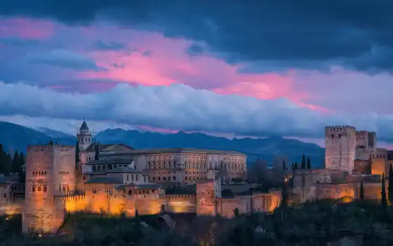 alhambra, испания, картинка, вечер, 
