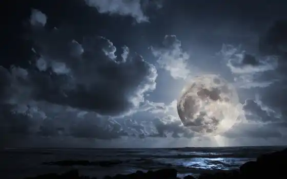 луна, ночь, океан, вечер, светила, облака, ясная, тот, full, 