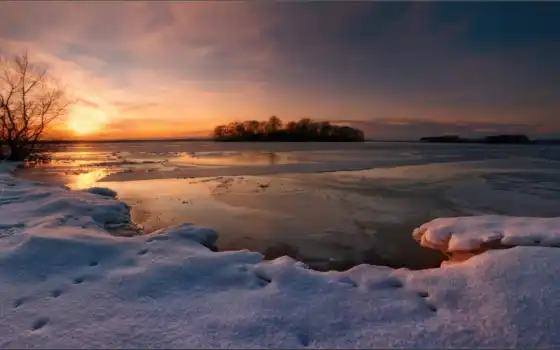 закат, озеро, снег, вечер, зима, картинка, 