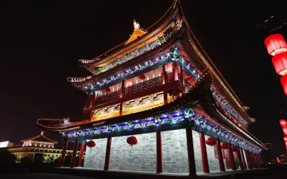 china, architecture, beijing, китайская, город, огни, ночь, 