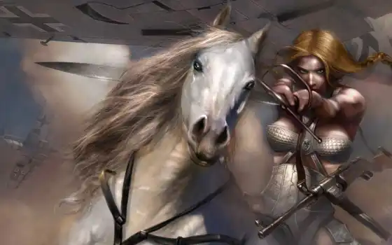девушка, конь, воин, фэнтези, коне, всадник, белом, жеребце, меч, 