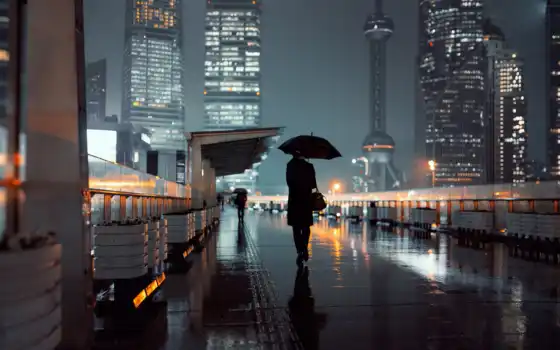дождь, город, ночь, зонтик, коллекция, красивый, женщина, card