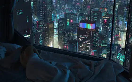 cyberpunk, город, art, futuristic, окно, девушка, living