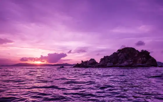 фиолетовый, закат, море, пейзаж, значок