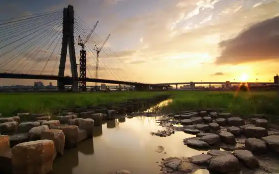 construction, закат, мост