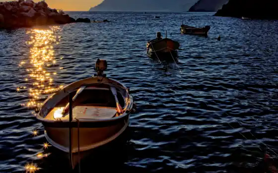 лодка, море, закат