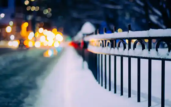 город, winter, ночь, забор, снег