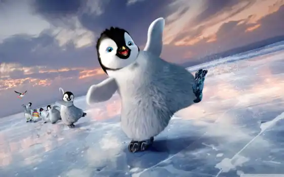 пингвин, нога, счастливый, мистер обои, мультфильм