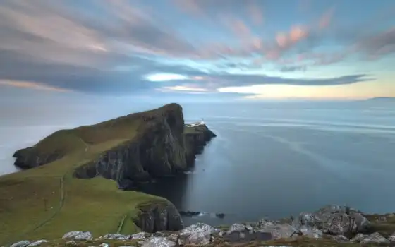 море, краю, небо, маяк, шотландия, скалы, океан, 