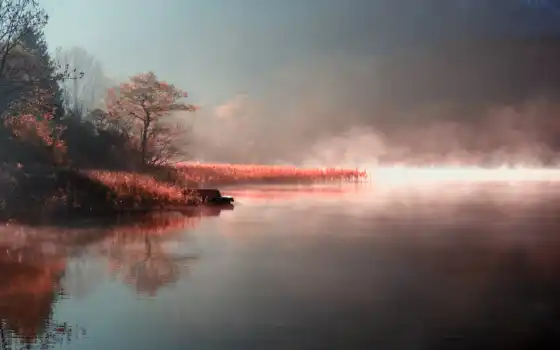 природа, утро, озеро, туман, пар, осень, берег, река, 