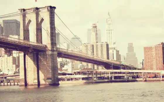 нью, york, мост, new, сша, бруклин, река, 