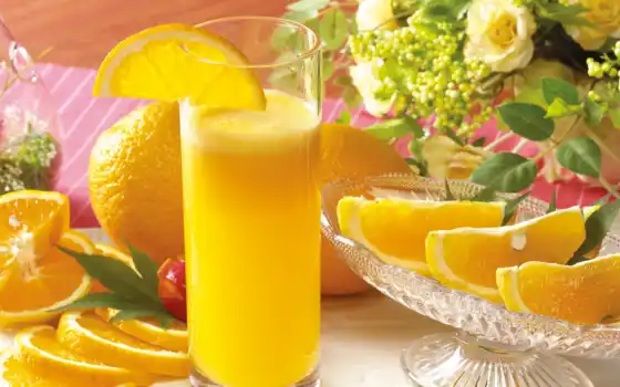 апельсины, сок, цветы, стакан, картинка, 