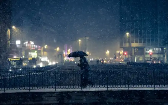 город, париж, снег, winter, мост, ночь, building, cityscape, люди, 