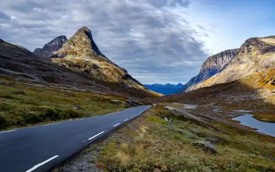 дорога, гора, норвегия, дорогой, норвежский, зимний, снег