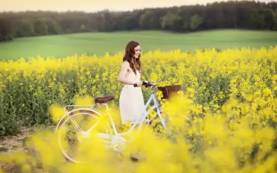 девушка, велосипед, цветы