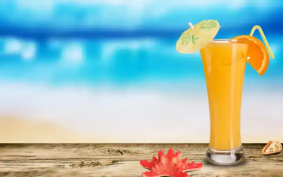 juice, оранжевый, морская, seashell, зонтиком, star, коктейль, еда, 