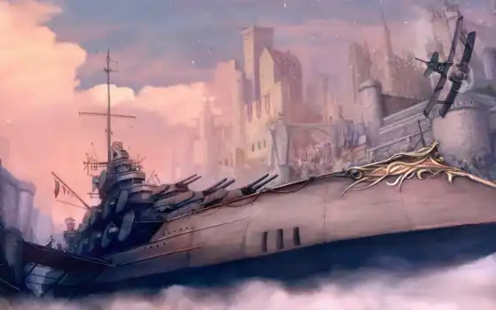 fantasy, корабль, коллекция, военный, самолеты, самолёт, города, стен, 