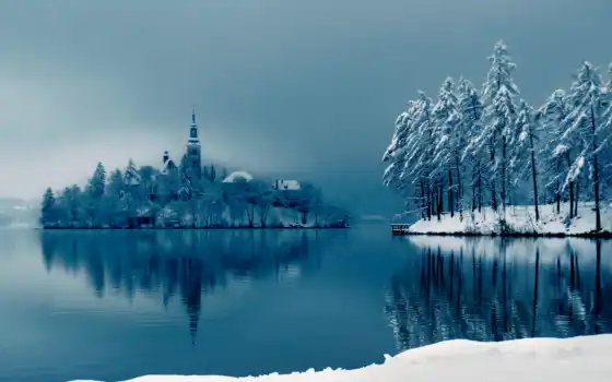 озеро, деревья, картинка, снег, nature, высоком, зима, размером, собор, острове, bled, 