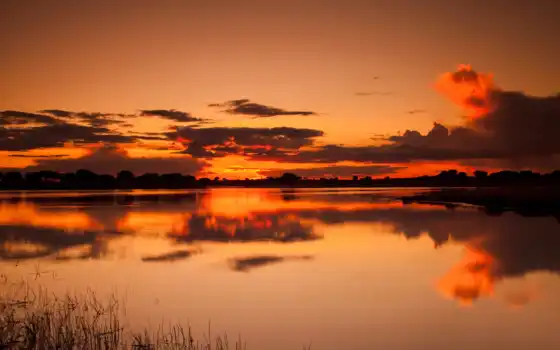 оранжевый, природа, закат, отражение, озеро
