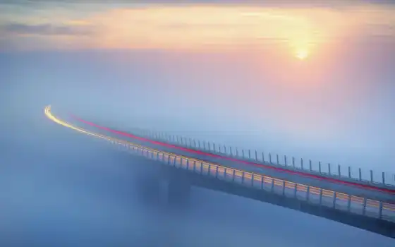 мост, строительство, туман, солнце, пропасть, ipad, движение