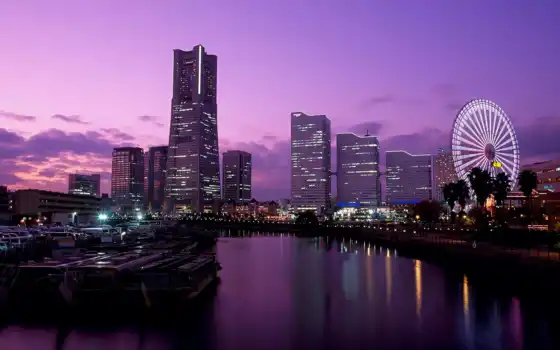 городской пейзаж, иокогама, Япония, город, обозрение, колесо, Токио, фиолетовый