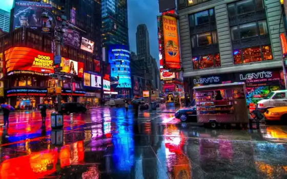 нью-Йорк, город, площадь, красные, дождь