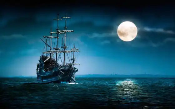 рисованные, море, луна, ночь, корабль, фрегат, заставки, полнолуние, 