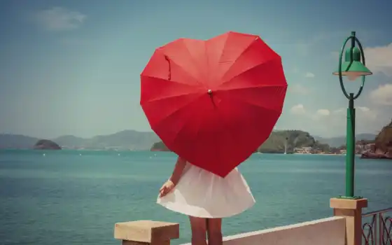 девушка, зонтик, красное