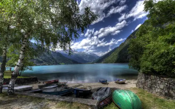 озеро, швейцария, гора, лодка