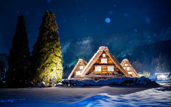 winter, гора, lodge, ночь, снег, house, дерево, подсветка, japanese