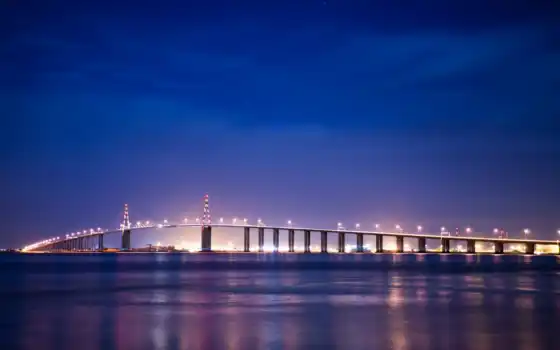 мост, франция, brittany, nazaire, побережье, ночное