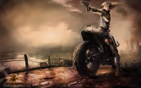 девушка, мотоцикл, пистолет