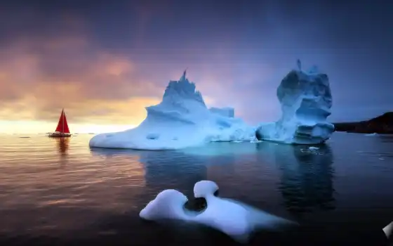гренландия, море, айсберг, пейзаж, яхта, парусная лодка