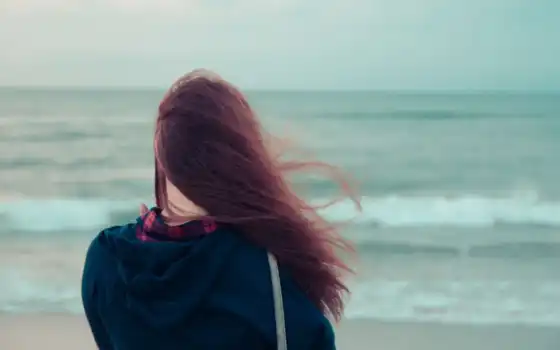 девушка, фокус, море, пляж, ветер, волосы