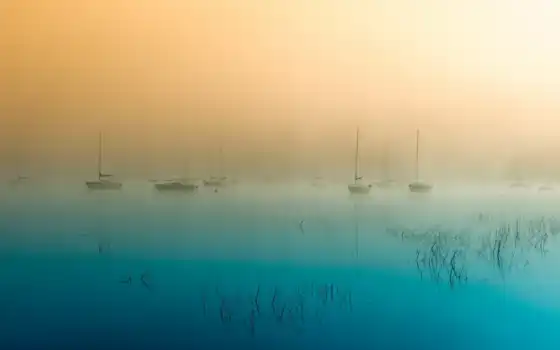 природа, туман,море,яхта,вода,
