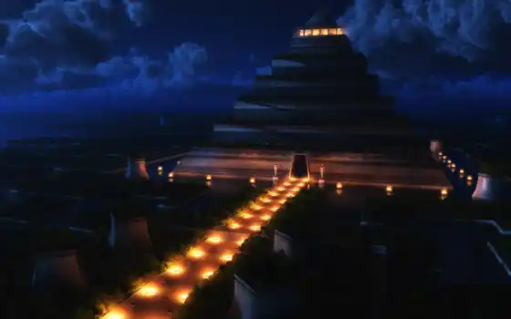 пирамида, ночь, храм, ночью, 