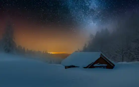 зима, ночь, дом, звезда, маленький, маленький, лес, супер