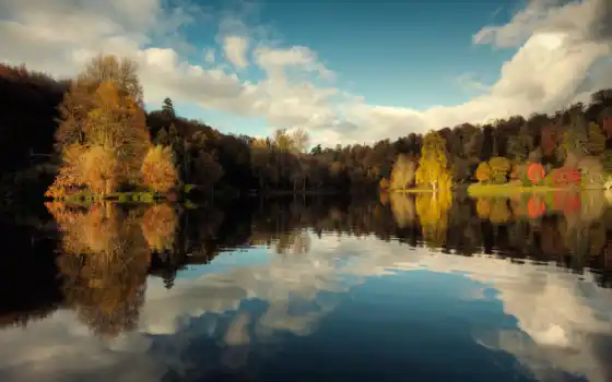 осень, природа, озеро, деревя, лес, 