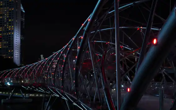 мост, helix, singapore, ночь, red, серый, nighttime, огни, white, марина
