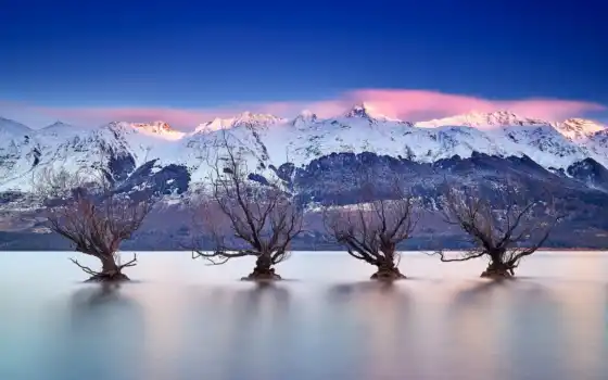 зеландия, новая, зима, ожерелье, плюшевый, гленорчи, со, горы, деревья,