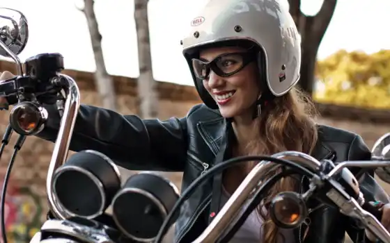 радость, девушка, мотоцикл, шлем, очки, косуха