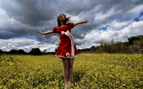 девушка, лето, поле, ветер, красное платье,