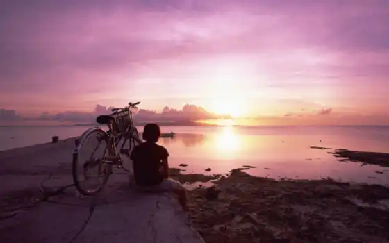 девушка, велосипед, закат, небо, велосипеде, смотреть, приехала, море, 
