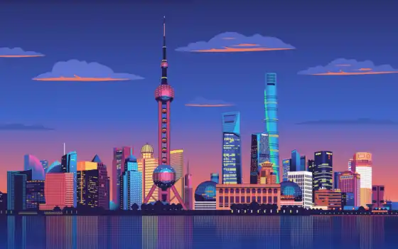 шанхай, город, ночь, Китай, иллюстрация, вектор, горизонт, королевская семья, искусство, графика, клип