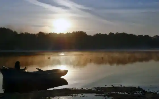 озеро, лодка, утро, туман, совершенно, природа, категория, 