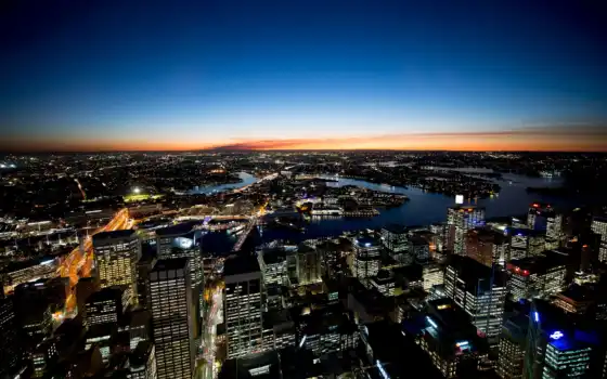 город, ночь, sydney, австралия, панорама, взгляд, 