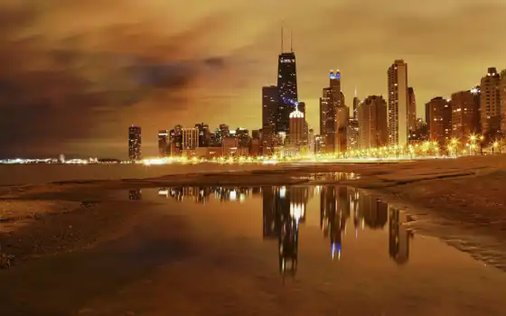 город, chicago, ночь, небоскребы, огни, york, река, new, los, 