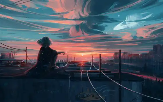 anime, ночь, закат, anim, sun, artist, день, scenery