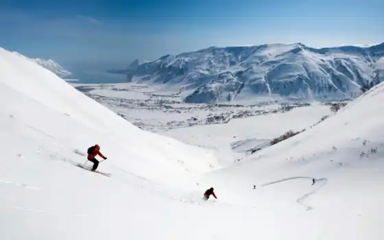 снег, горы, спуск, лыжи, долина, скорость, 